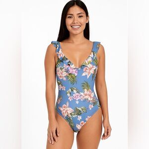 Kona Sol Light Blue Floral One Piece Swimsuit Pink Flowers Ruffles Bathing Suit